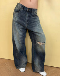 Quần Jeans Rách Ống Rộng Cạp Trễ Asymmetric Logo Waxed Ripped Jeans Aiai Official