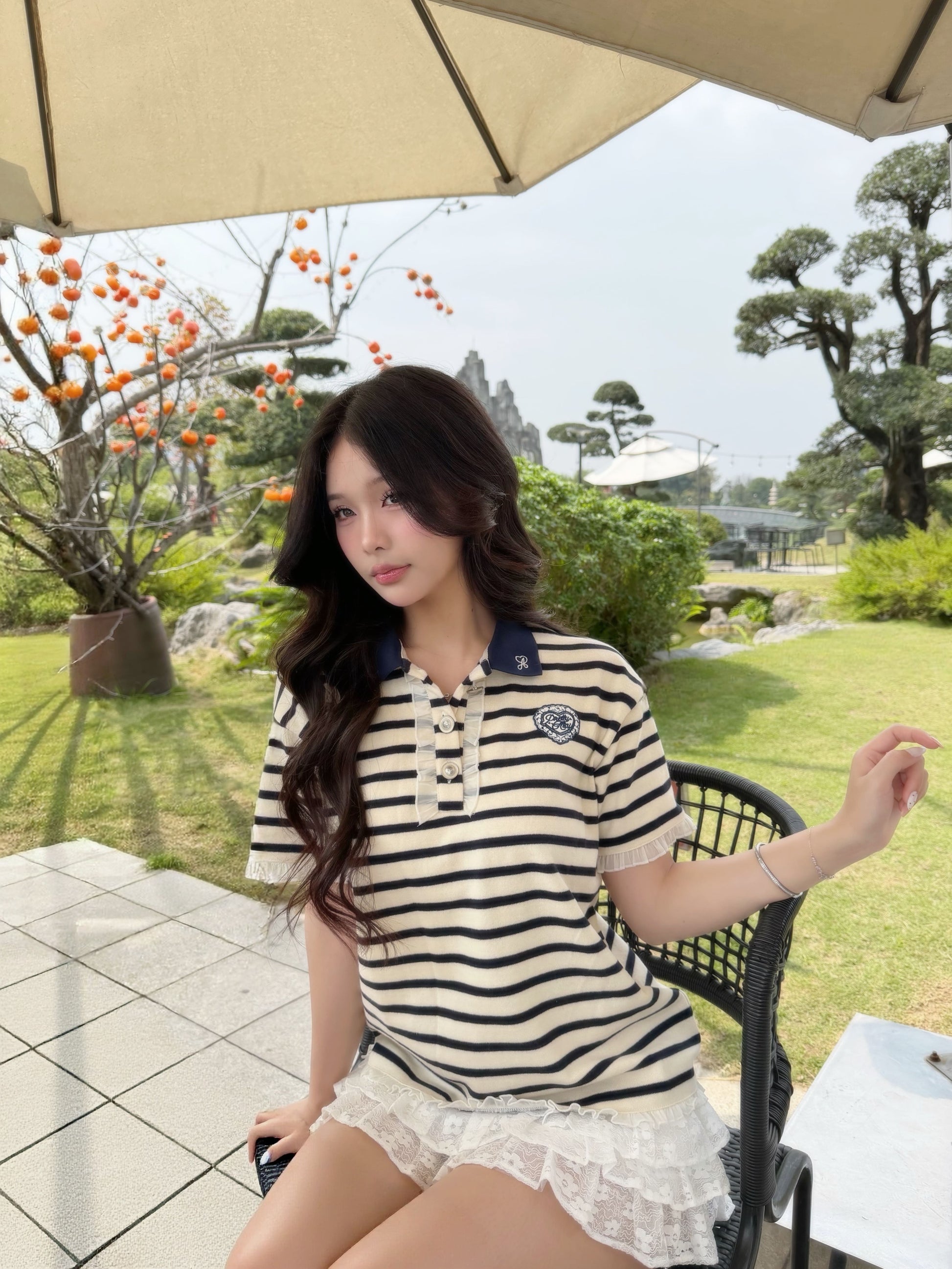 Áo Polo Sọc Tay Ngắn Form Boxy Phối Bèo Nhún Annie Top Aiai Official