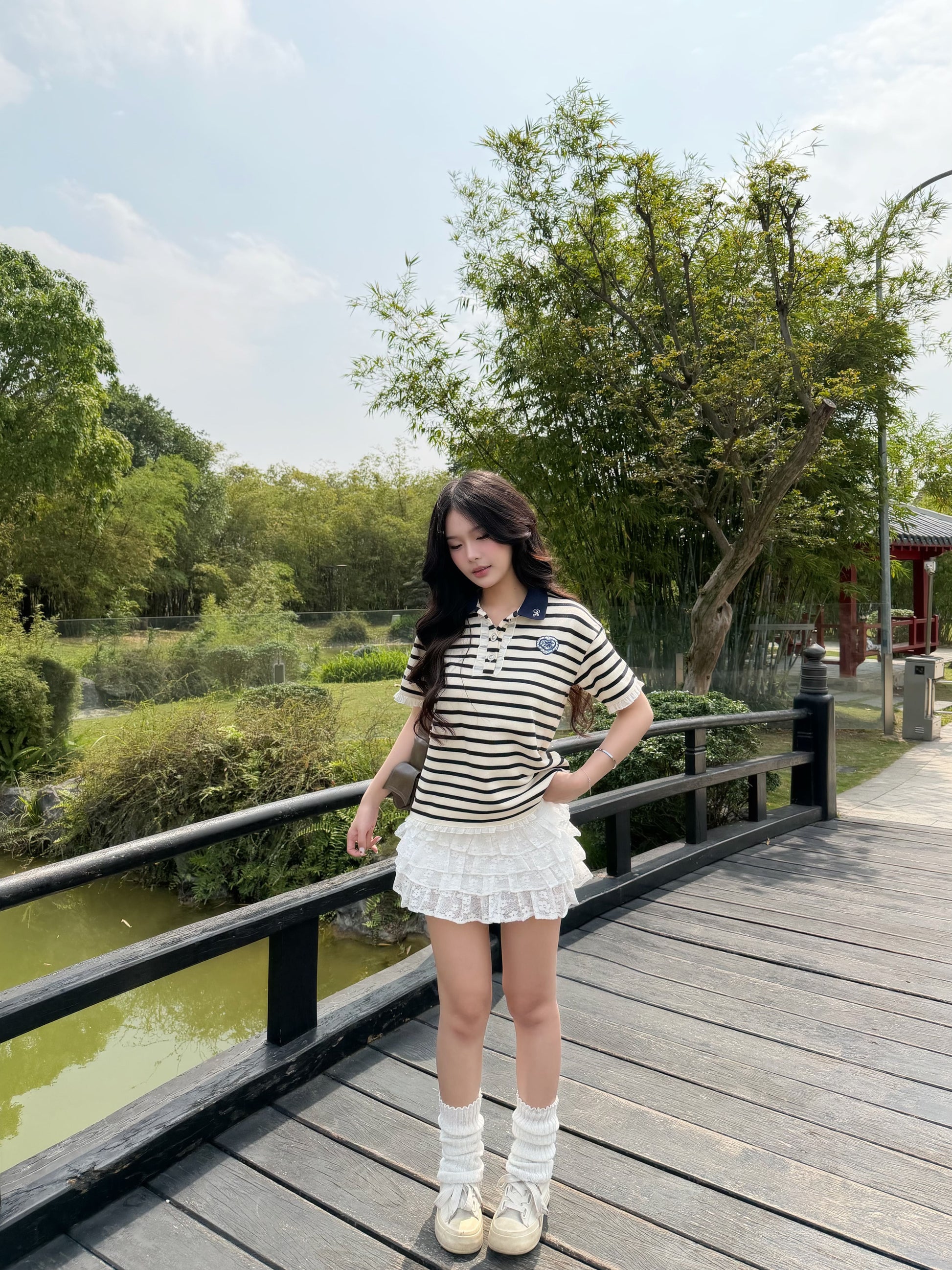 Áo Polo Sọc Tay Ngắn Form Boxy Phối Bèo Nhún Annie Top Aiai Official