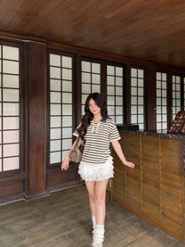 Áo Polo Sọc Tay Ngắn Form Boxy Phối Bèo Nhún Annie Top Aiai Official