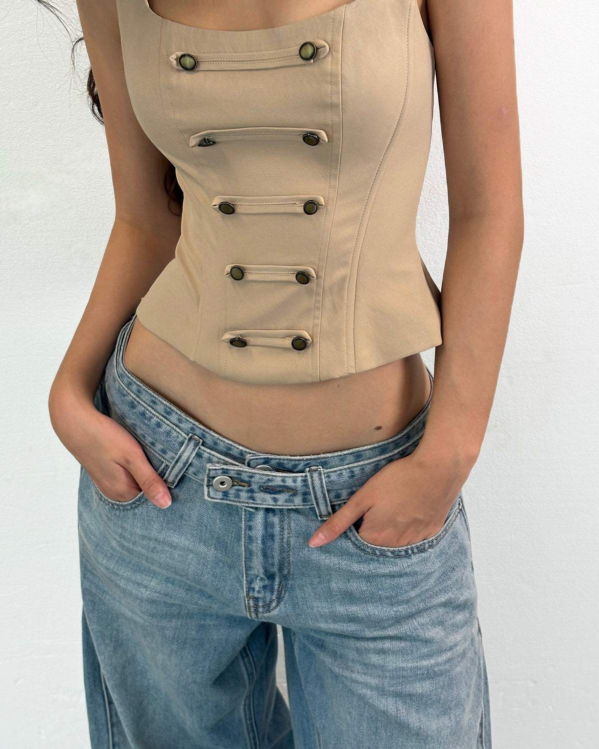 Britney Button Top Áo Corset Napoleon cúc kim loại Aiai Official