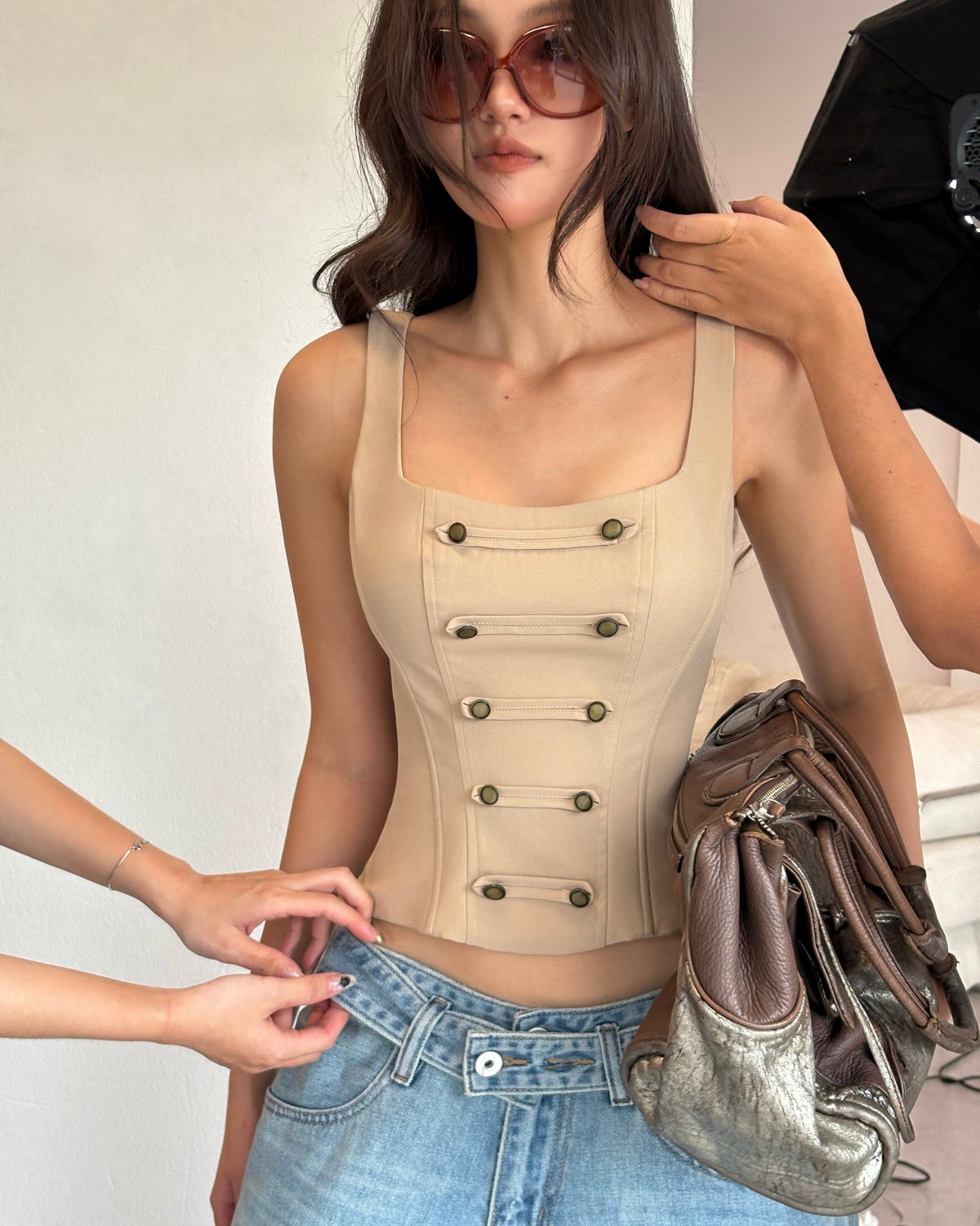 Britney Button Top Áo Corset Napoleon cúc kim loại Aiai Official