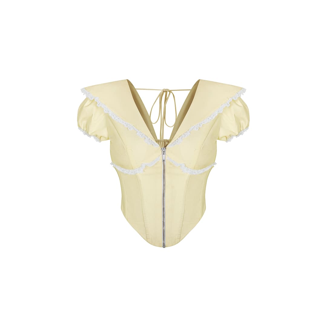 Áo Croptop Cổ V Tay Phồng Phối Ren Marina Top AIAI OFFICIAL | Áo Nữ Dáng Ngắn Cổ Thủy Thủ