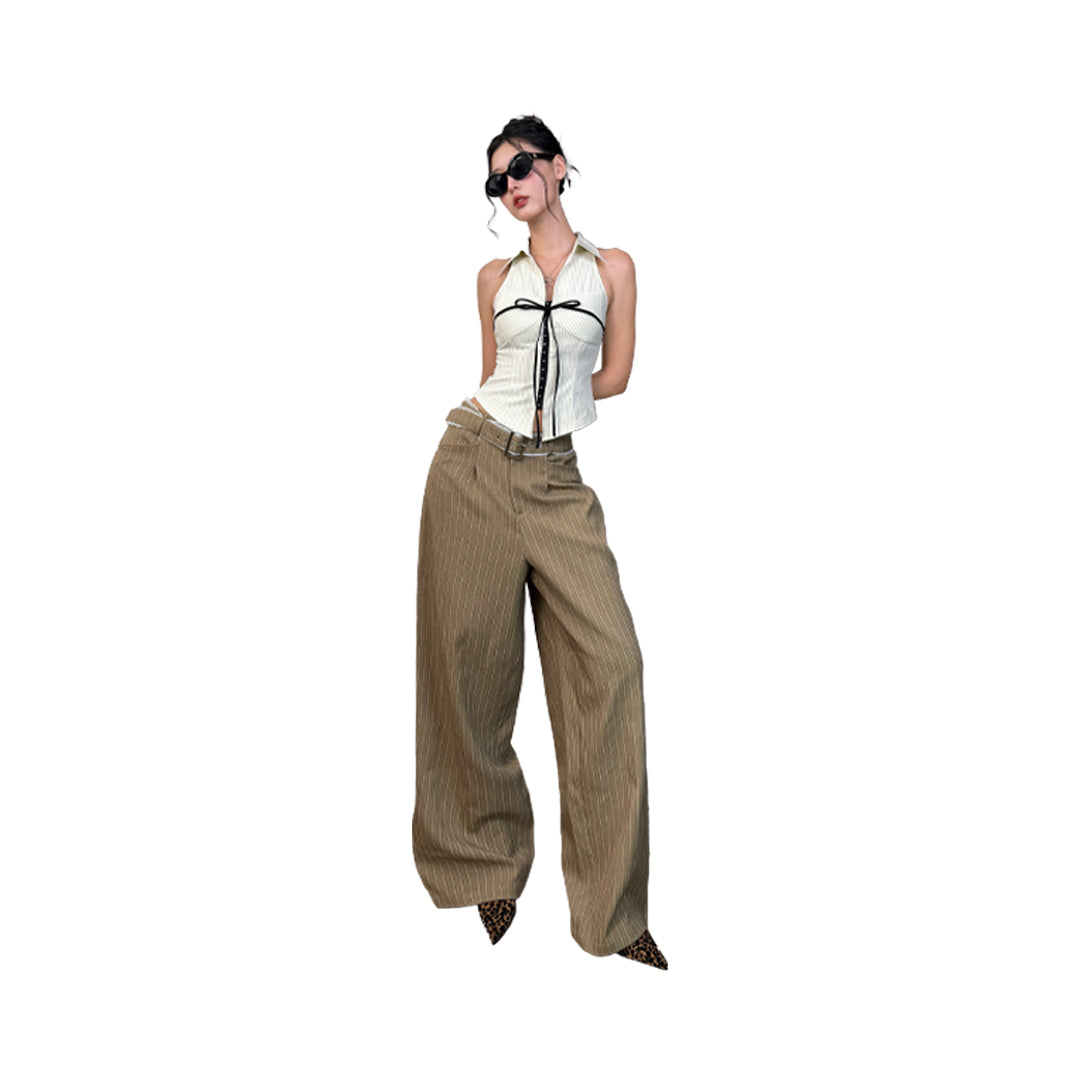 AIAI OFFICIAL &quot;Out of Office&quot; Trousers - Quần dài ống rộng &quot; Out of Office &quot; cạp trễ kẻ sọc thêu logo (kèm thắt lưng)