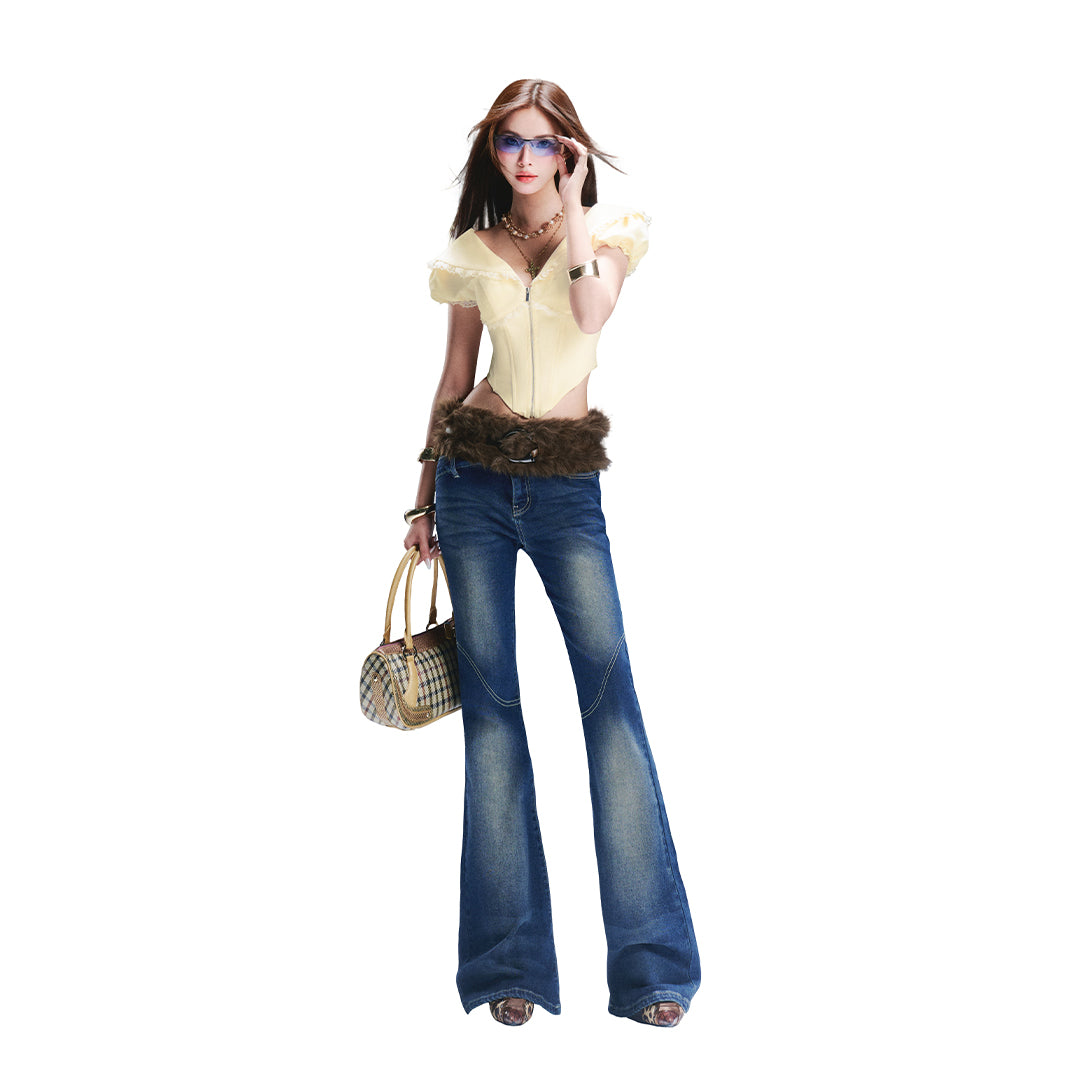 Áo Croptop Cổ V Tay Phồng Phối Ren Marina Top AIAI OFFICIAL | Áo Nữ Dáng Ngắn Cổ Thủy Thủ