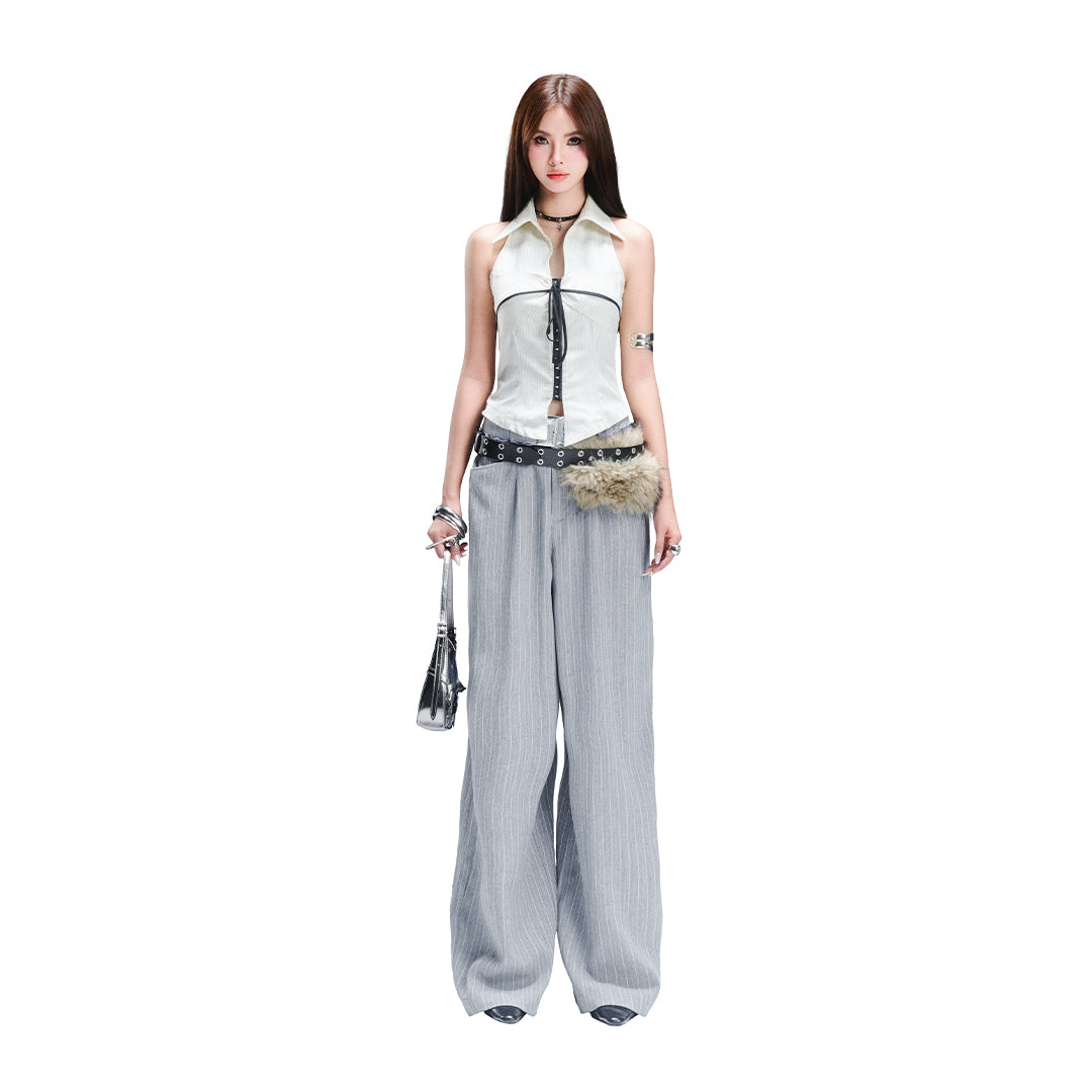 AIAI OFFICIAL &quot;Out of Office&quot; Trousers - Quần dài ống rộng &quot; Out of Office &quot; cạp trễ kẻ sọc thêu logo (kèm thắt lưng)