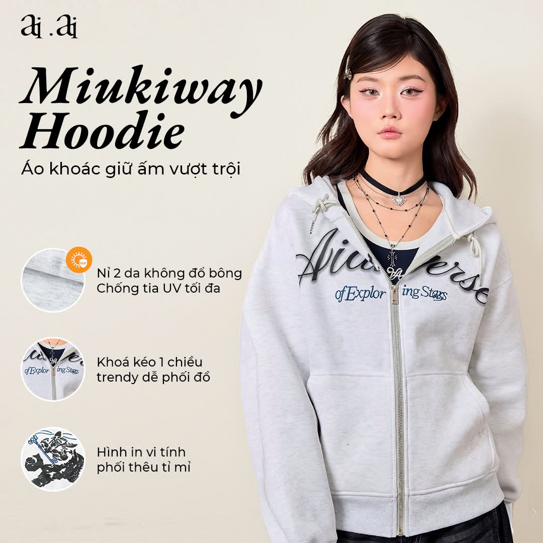 "Miukiway" Boxy Hoodie AIAI OFFICIAL - Áo hoodie zip nỉ 2 da in hình mèo form boxy thêu logo